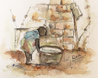 Das Korn schleifen 01... Afrikanische Kunst, Erinnerungen an Malawi, Original Aquarelle, tägliche Skizzen, Skizzen von Dee