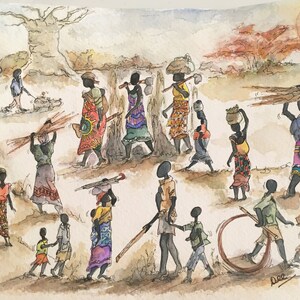 Off to start the day.. African Art, Memories of Malawi, Original Watercolours, Daily Sketching, Sketches by Dee