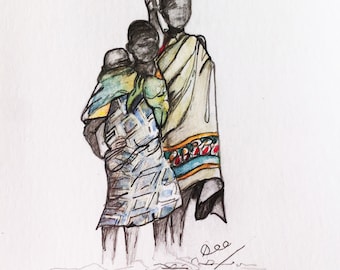 Schwestern... Afrikanische Kunst, Erinnerungen an Malawi, Original Aquarelle, tägliche Skizzen, Skizzen von Dee
