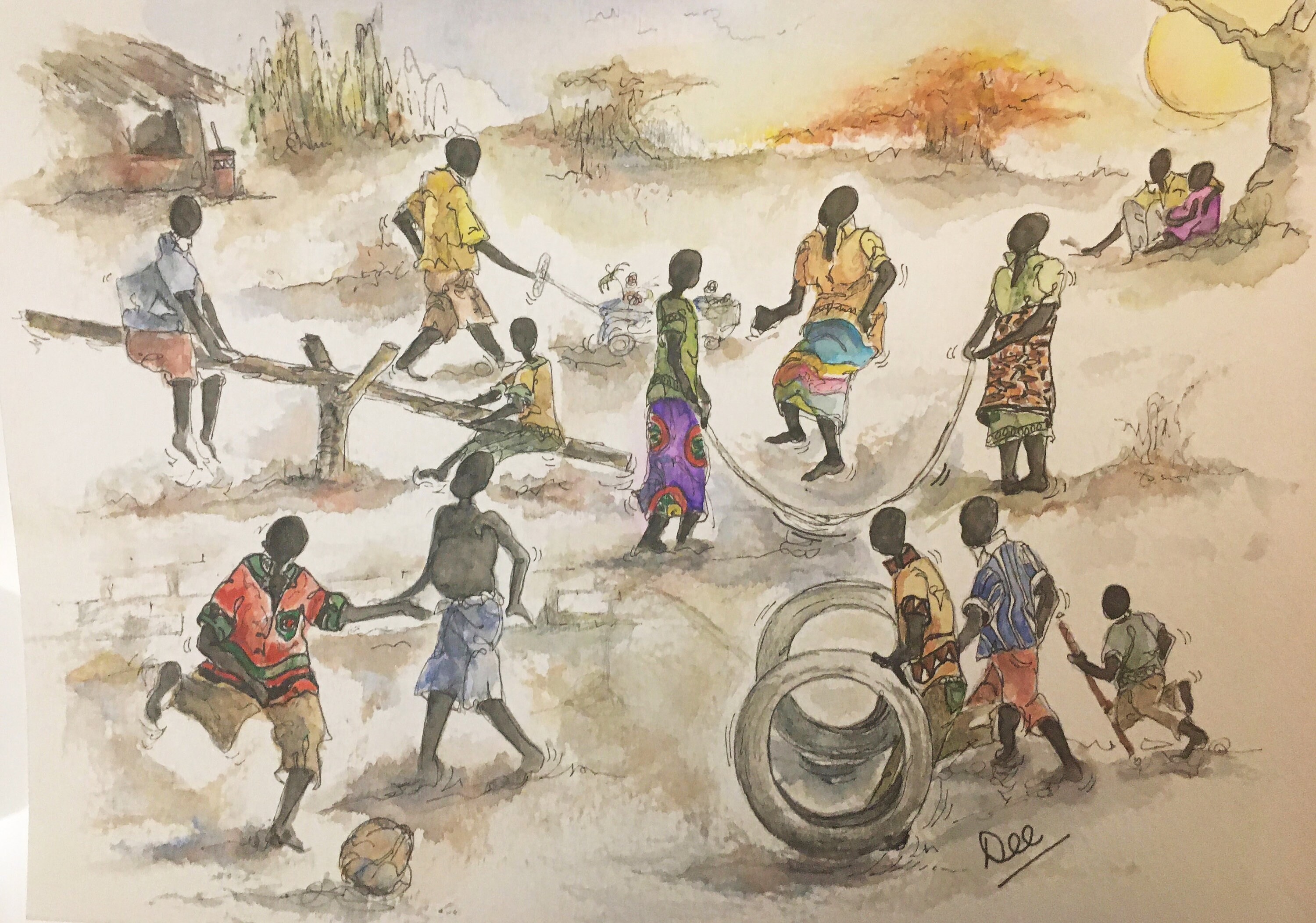Kinder spielen... Afrikanische Kunst, Erinnerungen an Malawi, Original Aquarelle, tägliche Skizzen, Skizzen von Dee