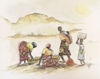 Damen... Afrikanische Kunst, Erinnerungen an Malawi, Original Aquarelle, tägliche Skizzen, Skizzen von Dee