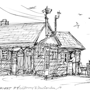 May include: A black and white line drawing of a small wooden building with a peaked roof. The building has a sign that reads "Orient Pt. Ferry to New London".