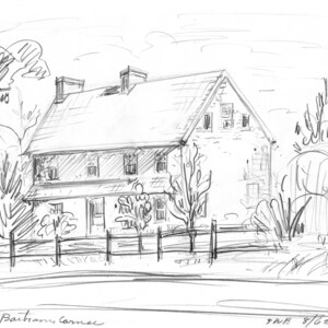 May include: A black and white pencil sketch of a two-story house with a fence in front. The house has a gabled roof and several windows. The drawing is labeled "at Bartrans Corner" and "SWR 8/02".