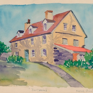 May include: A watercolor painting of a yellow house with a red roof. The house has a stone foundation and is surrounded by green trees and bushes. The painting is signed "Sarah Drinkton" and titled "Bartrooms".