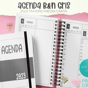 Agenda Blanco y Negro con Horas 2023 diaria tamaño media carta /  PDF /  IMPRIMIBLE  /  DIGITAL /