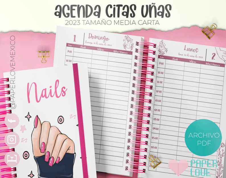 Agenda Citas uñas y Manicurista Tamaño Media Carta 2023 /  PDF /  IMPRIMIBLE  /  DIGITAL / 