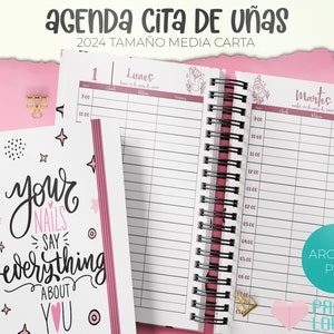 Agenda Citas uñas y Manicurista Tamaño Media Carta 2024 /  PDF /  IMPRIMIBLE  /  DIGITAL /