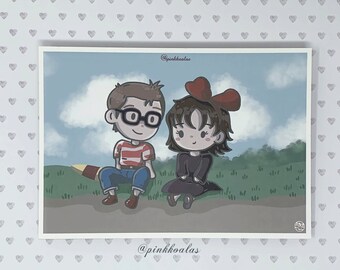 Kiki's Delivery Service -  Studio Ghibli Inspired Art Print Postcard  + FREE BONUS Jiji Sticker