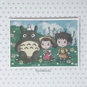 My Neighbor Totoro -  Studio Ghibli Inspired Art Print Postcard + FREE BONUS Susuwatari Sticker