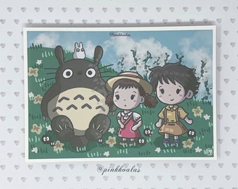 My Neighbor Totoro -  Studio Ghibli Inspired Art Print Postcard + FREE BONUS Susuwatari Sticker