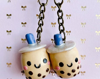 boba keychain - kawaii boba keychain - cute milk tea charm keychain - backpack purse lanyard key chain charm accessory - pink koalas