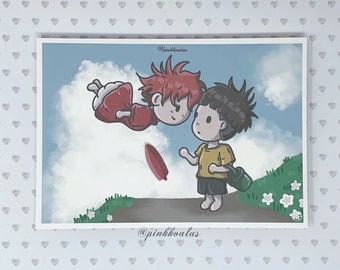 Ponyo -  Studio Ghibli iIspired Art Print Postcard + FREE BONUS Ponyo Fish Sticker