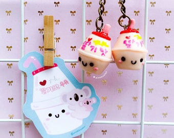 strawberry milk bundle - kawaii die cut sticker - cute korean strawberry milk charm keychain - water bottle laptop decal - pink koalas