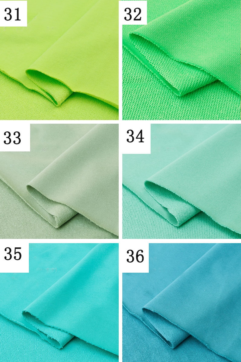 May include: Six fabric swatches in different shades of green and blue. The swatches are numbered 31 through 36.