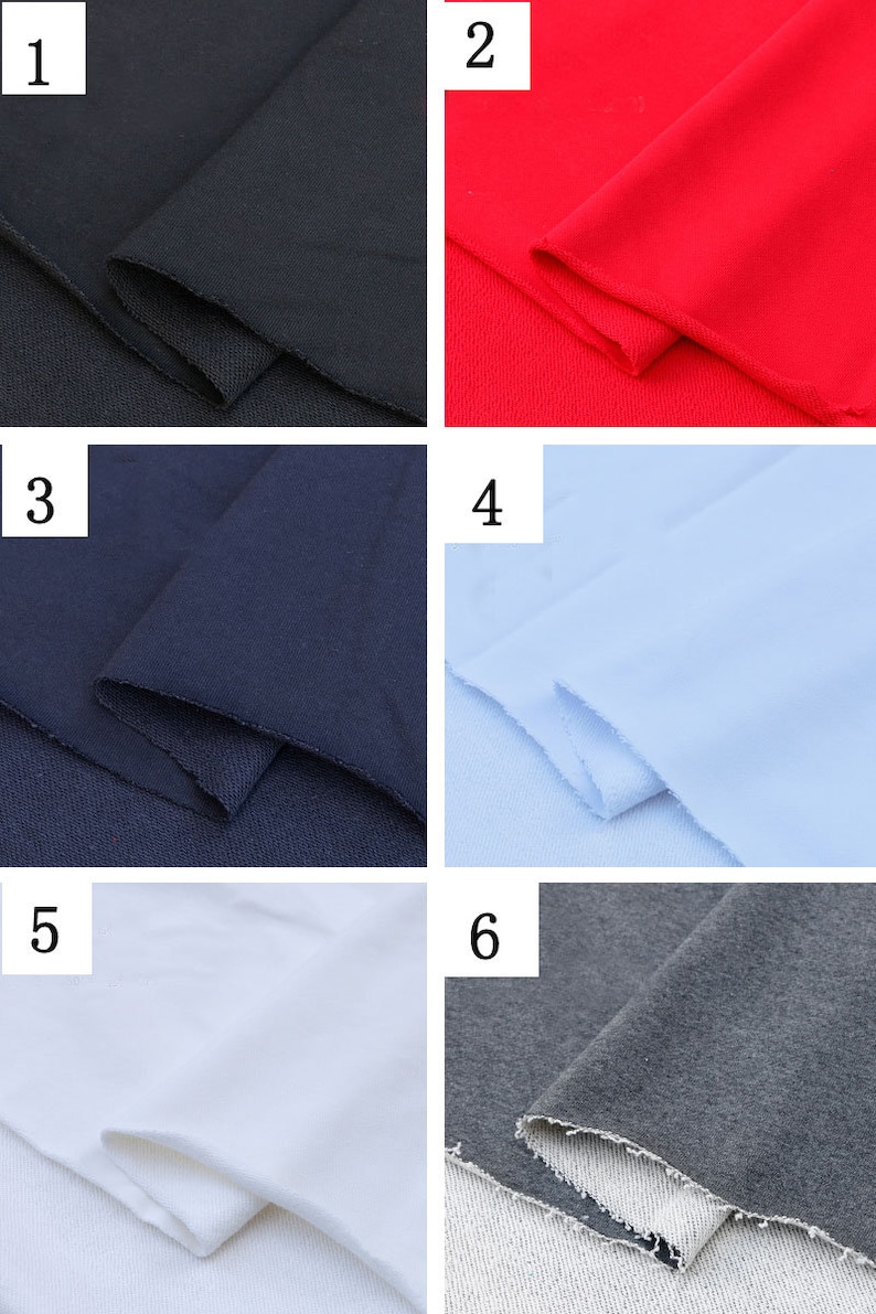 May include: Six fabric swatches in different colors: black, red, navy blue, light blue, white, and gray. The fabric is folded and the edges are visible.
