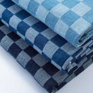 Checkerboard Denim Fabric, Cotton Jacquard Denim Fabric, Thick Washed Denim Fabric, Geometric Pattern Design Fabric, By The Half Yard