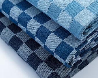 Checkerboard Denim Fabric, Cotton Jacquard Denim Fabric, Thick Washed Denim Fabric, Geometric Pattern Design Fabric, By The Half Yard