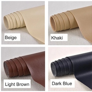 K&ouml;nnte beinhalten: Vier Rollen Kunstlederstoff in verschiedenen Farben: Beige, Khaki, Hellbraun und Dunkelblau. Der Stoff hat eine strukturierte Oberfl&auml;che.