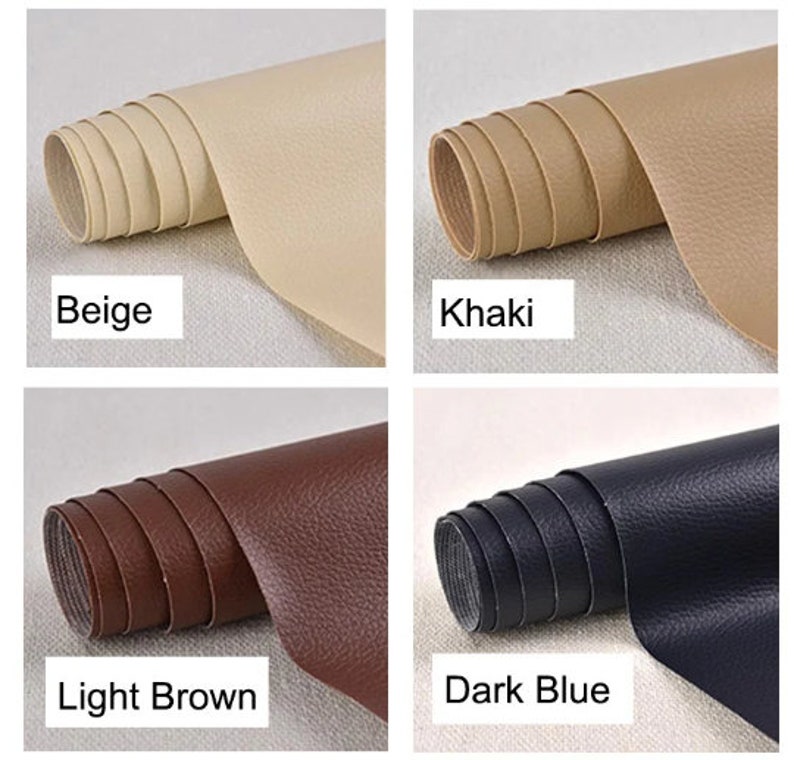 K&ouml;nnte beinhalten: Vier Rollen Kunstlederstoff in verschiedenen Farben: Beige, Khaki, Hellbraun und Dunkelblau. Der Stoff hat eine strukturierte Oberfl&auml;che.