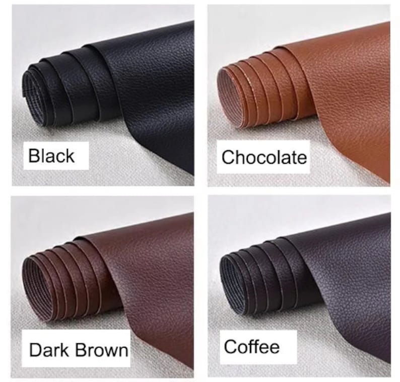 K&ouml;nnte beinhalten: Vier Rollen Kunstleder in verschiedenen Farben: Schwarz, Schokoladenbraun, Dunkelbraun und Kaffee. Das Leder hat eine strukturierte Oberfl&auml;che.