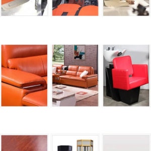 K&ouml;nnte beinhalten: Eine Sammlung von Bildern, die verschiedene Arten von Polstern und M&ouml;beln zeigen. Die Bilder zeigen einen Autoinnenraum mit orangen Ledersitzen, ein Ledersofa, einen Friseurstuhl mit roter Polsterung, eine Holzplatte und eine Vitrine.