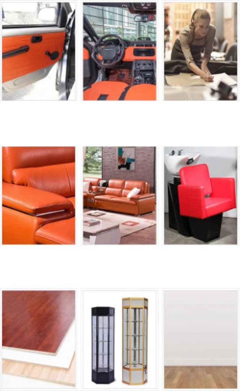 K&ouml;nnte beinhalten: Eine Sammlung von Bildern, die verschiedene Arten von Polstern und M&ouml;beln zeigen. Die Bilder zeigen einen Autoinnenraum mit orangen Ledersitzen, ein Ledersofa, einen Friseurstuhl mit roter Polsterung, eine Holzplatte und eine Vitrine.