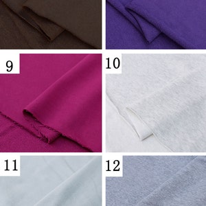 May include: Close-up of six fabric swatches in different colors. The swatches are numbered 7 through 12. The colors are brown, purple, pink, light gray, and dark gray.