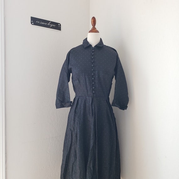 1940s navy with green square pattern button up dre