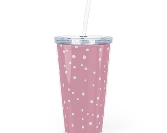 Pink Polka Dot Plastic Tumbler with Straw