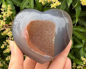 Druzy Agate Puffy Heart, Large Heart Palm Stone, Heart Reiki, Red Orange Chalcedony