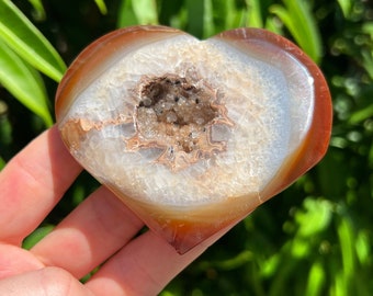 Carnelian Agate Heart with Druzy Pocket, Carnelian Palm Stone, Heart Reiki, Red Orange Chalcedony, Stand Included
