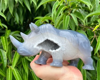 Large Hand-Carved Druzy Agate  Rhinoceros- Metaphysical Crystal for Protection & Strength, Crystal Dinosaur, Huge Rhino Carving, Gift