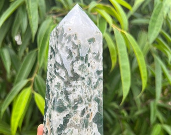Druzy Crystal Moss Agate Tower, High Quality Crystal Tower, Large Moss Agate Point, Green Moss Agate Obelisk