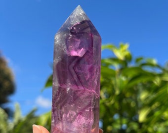 Watermelon Pink Purple Fluorite Crystal Obelisk Reiki Wand, Fluorite Tower Point