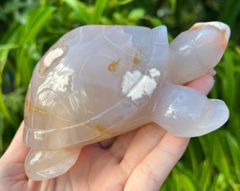 Pink Flower Agate Turtle Carving, Crystal Turtle Spirit Animal Totem