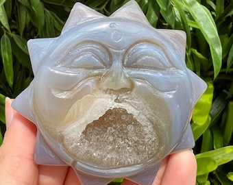 Druzy Crystal Sun Agate Carving, Stand Included