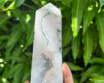 Druzy Crystal Moss Agate Tower, High Quality Crystal Tower, Large Moss Agate Point, Green Moss Agate Obelisk