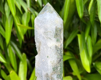 Druzy Crystal Moss Agate Tower, High Quality Crystal Tower, Large Moss Agate Point, Green Moss Agate Obelisk
