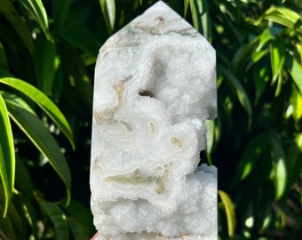 Very Druzy Crystal Moss Agate Tower, High Quality Crystal Tower, Large Moss Agate Point, Green Moss Agate Obelisk