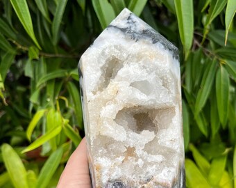 Dark Fluorite with Druzy Quartz Crystal Obelisk Reiki Wand, Large Fluorite and Quartz Tower Point