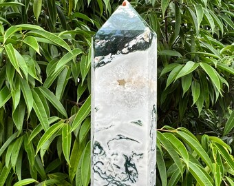Druzy Crystal Moss Agate Tower, High Quality Crystal Tower, Large Moss Agate Point, Green Moss Agate Obelisk