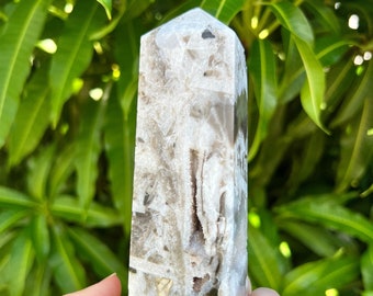Druzy Sphalerite Tower , Druzy Sphalerite Crystal Wand Tower , Natural Druzy Sphalerite Crystal Point Obelisk , Druzy Grey Sphalerite Towers