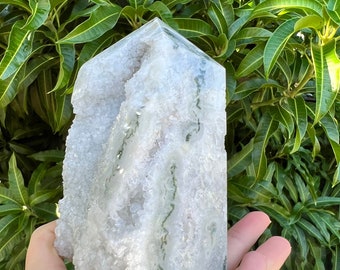 Very Druzy Crystal Moss Agate Tower, High Quality Crystal Tower, Large Moss Agate Point, Green Moss Agate Obelisk
