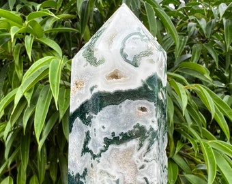 Druzy Crystal Moss Agate Tower, High Quality Crystal Tower, Large Moss Agate Point, Green Moss Agate Obelisk