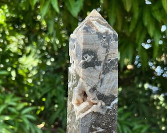 Druzy Sphalerite Tower , Druzy Sphalerite Crystal Wand Tower , Natural Druzy Sphalerite Crystal Point Obelisk , Druzy Grey Sphalerite Towers