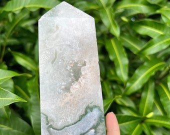 Very Druzy Crystal Moss Agate Tower, High Quality Crystal Tower, Large Moss Agate Point, Green Moss Agate Obelisk
