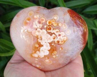 Carnelian Agate Puffy Heart with Small Druzy Pockets, Carnelian Palm Stone, Heart Reiki, Red Orange Chalcedony, Stand Included