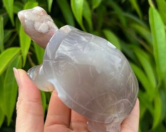 Gem Quality Flower Agate Crystal Turtle Carving with Small Druzy, Turtle Spirit Animal Totem