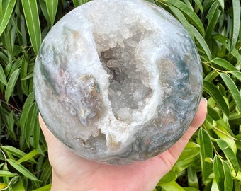 Large Druzy Crystal Moss Agate Sphere, High Quality Crystal Sphere, Stand Included