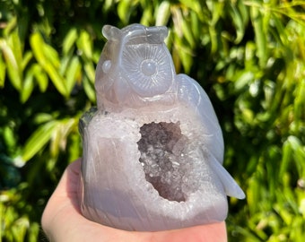 Large Druzy Crystal Owl Agate Carving, Crystal Animal Owl Spiritual Animal Totem, Agate Geode Carving